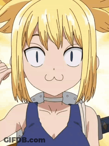 A Close Up Of A Cartoon Girl With Blonde Hair And A Blue Tank Top GIF