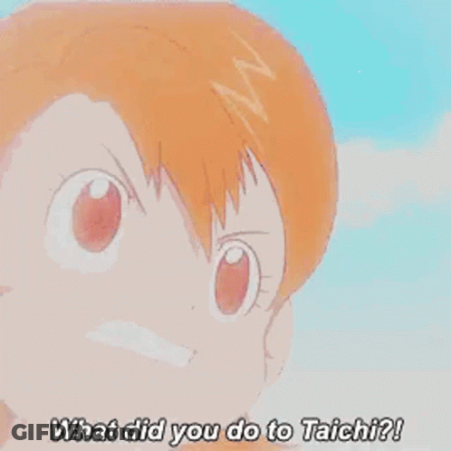 A Close Up Of A Cartoon Girl With Her Mouth Open And The Words `` What Did You Do To Taichi '' . GIF