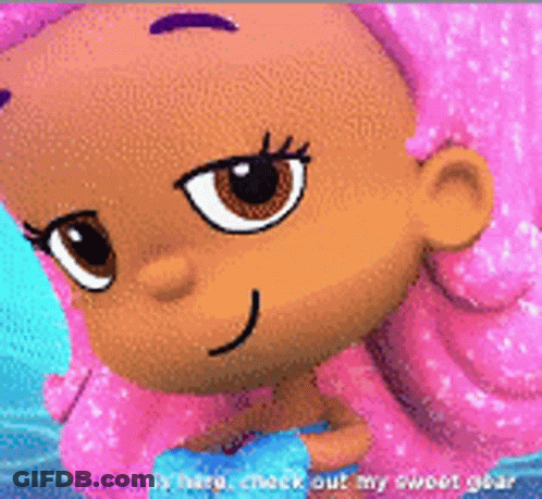 A Close Up Of A Cartoon Girl With Pink Hair And The Words " Check Out My Sweet Gear " GIF