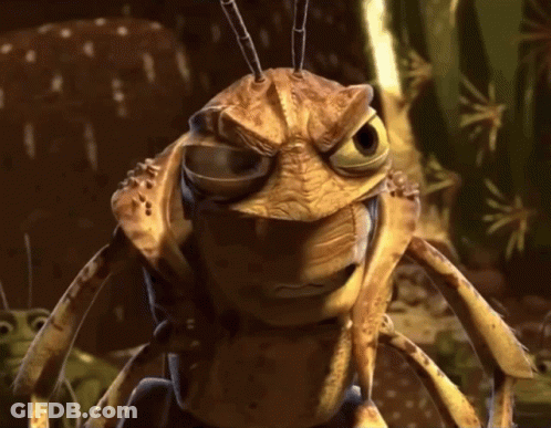 A Close Up Of A Cartoon Grasshopper With A Serious Look On His Face GIF