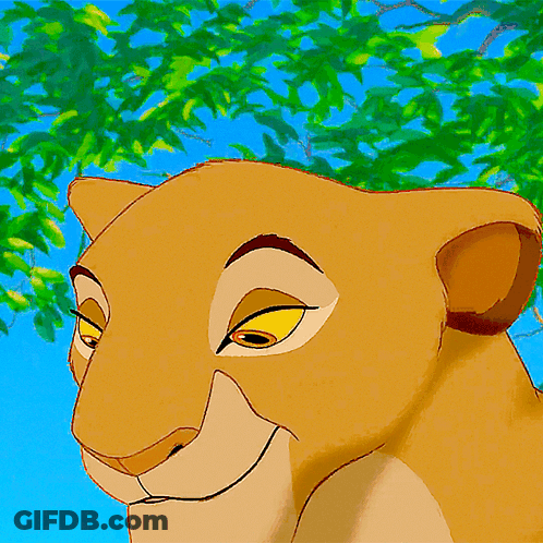 A Close Up Of A Cartoon Lioness ' Face With A Tree In The Background GIF
