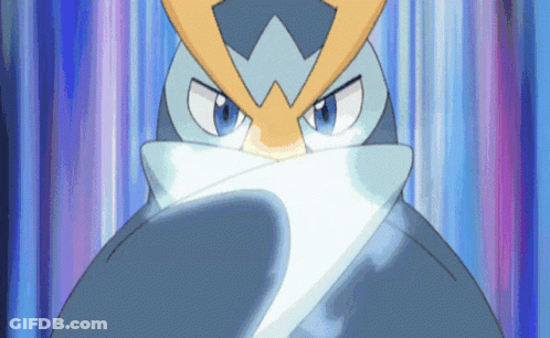 A Close Up Of A Cartoon Penguin With A Sword In Its Mouth GIF