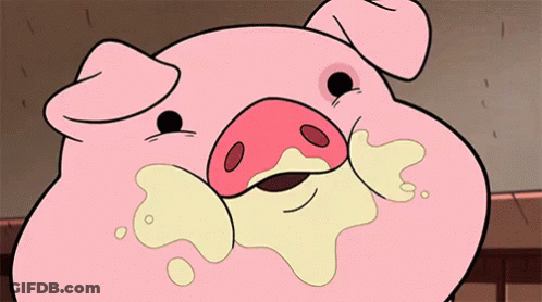 A Close Up Of A Cartoon Pig With Yellow Liquid Coming Out Of Its Mouth GIF