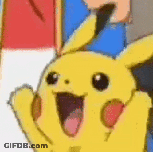 A Close Up Of A Cartoon Pikachu With Its Mouth Open And Arms Outstretched . GIF