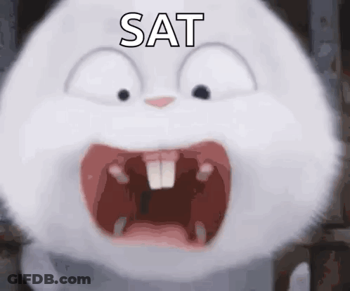 A Close Up Of A Cartoon Rabbit With Its Mouth Open And The Word Sat On It . GIF