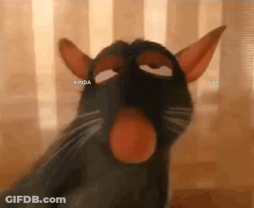A Close Up Of A Cartoon Rat With Its Mouth Open And The Words `` Kinda Gay '' Written On It . GIF