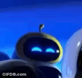 A Close Up Of A Cartoon Robot With Blue Eyes And A Yellow Head . GIF