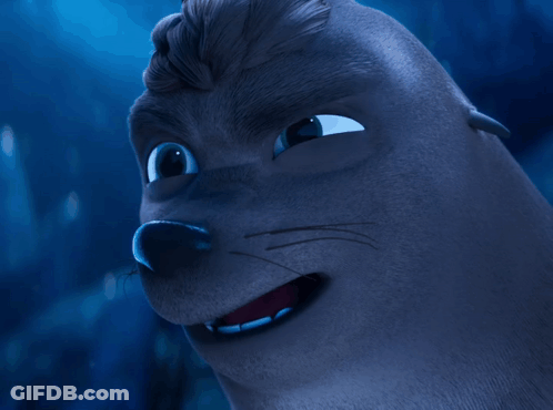 A Close Up Of A Cartoon Seal With A Blue Background GIF