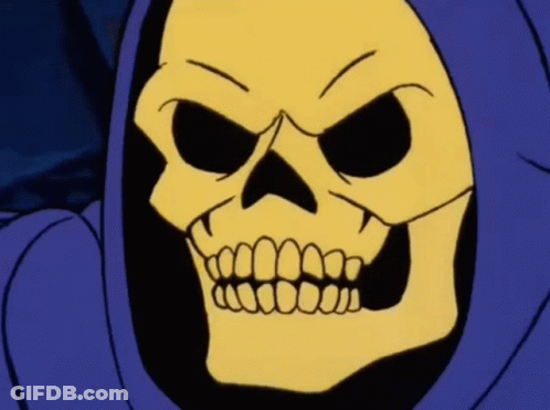 A Close Up Of A Cartoon Skeleton With A Purple Hood GIF