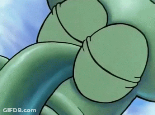 A Close Up Of A Cartoon Squidward Tentacles With A Blue Sky In The Background . GIF