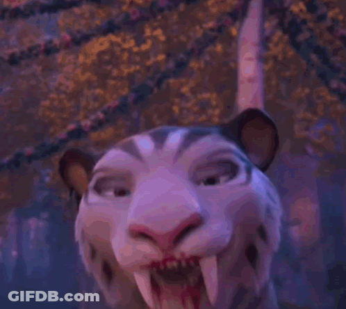 A Close Up Of A Cartoon Tiger With Blood On Its Face GIF