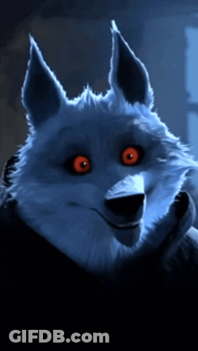 A Close Up Of A Cartoon Wolf With Red Eyes GIF