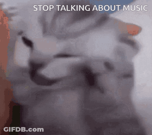 A Close Up Of A Cat 'S Face With The Words Stop Talking About Music Below It GIF