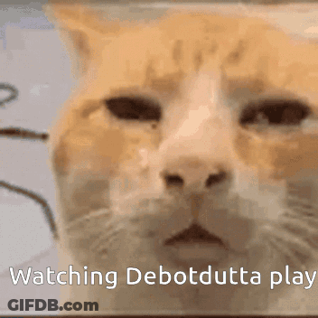 A Close Up Of A Cat 'S Face With The Words Watching Debotdutta Play Above It GIF