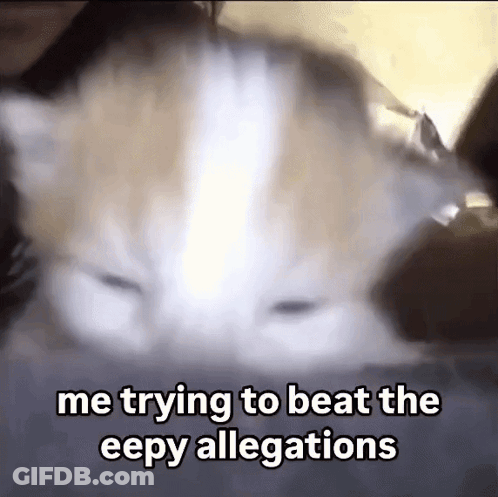 A Close Up Of A Cat With The Words Me Trying To Beat The Eepy Allegations Below It GIF