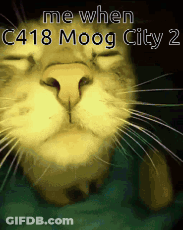 A Close Up Of A Cat With The Words Me When C418 Moog City 2 Written Above It GIF