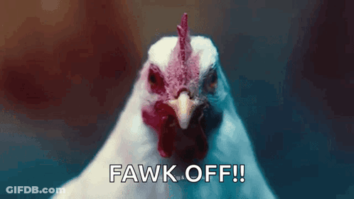 A Close Up Of A Chicken With The Words Fawk Off Written On The Bottom GIF