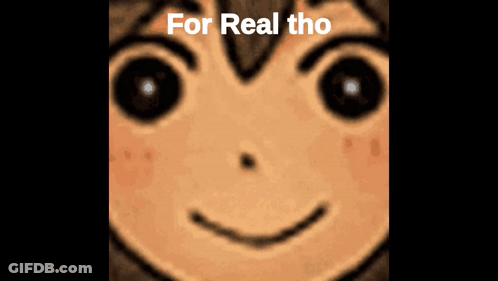 A Close Up Of A Child 'S Face With The Words `` For Real Tho '' Above It GIF