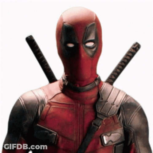 A Close Up Of A Deadpool Costume With Two Swords On His Shoulder . GIF