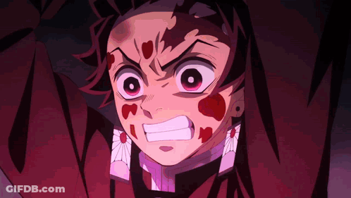 A Close Up Of A Demon Slayer Character With Blood On His Face GIF