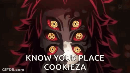 A Close Up Of A Demon With Red Eyes And The Words `` Know Your Place Cookieza '' . GIF