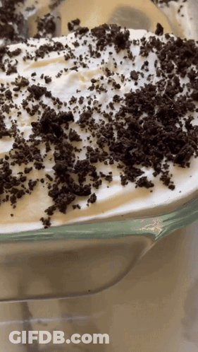 A Close Up Of A Dessert With Oreos On Top GIF
