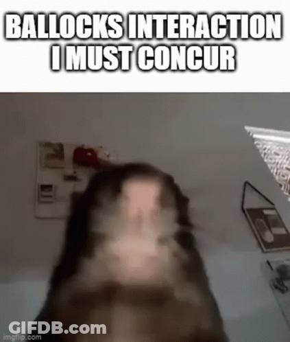 A Close Up Of A Dog 'S Face With The Words `` Ballocks Interaction I Must Concur '' Written On It . GIF