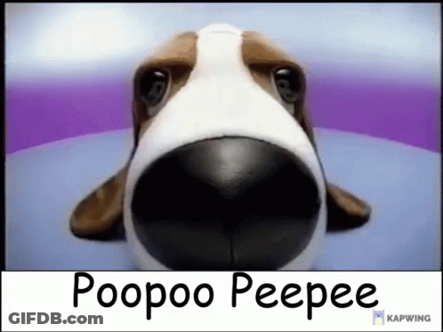 A Close Up Of A Dog 'S Face With The Words Poopoo Peepee Below It . GIF