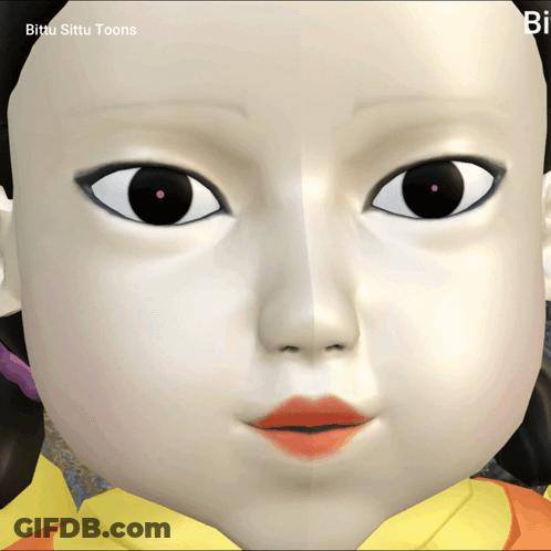 A Close Up Of A Doll 'S Face With The Word Bi On The Bottom GIF