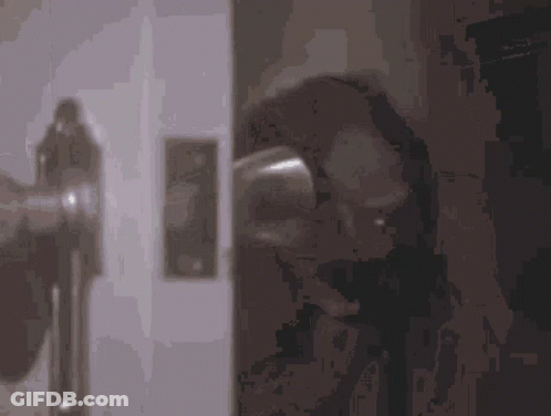 A Close Up Of A Door Handle With A Reflection Of A Person Behind It . GIF