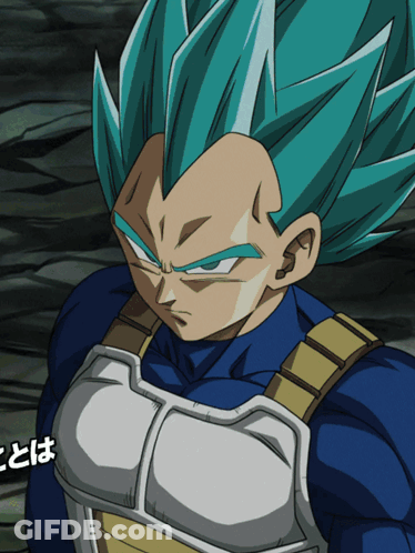 A Close Up Of A Dragon Ball Z Character With Blue Hair And A White Chest Protector GIF