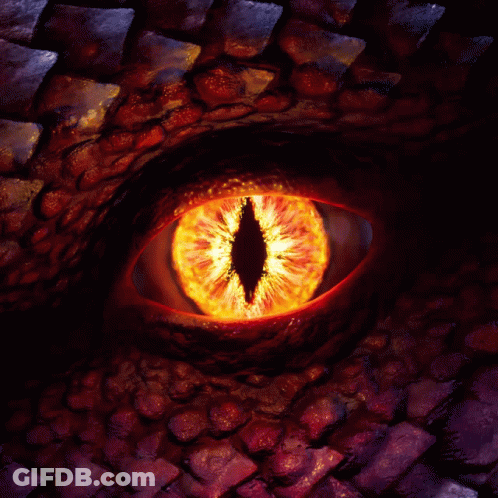 A Close Up Of A Dragon 'S Eye With Flames Coming Out Of It 'S Pupil GIF