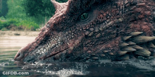 A Close Up Of A Dragon 'S Face Looking Out Of The Water GIF