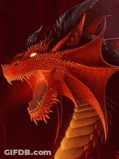 A Close Up Of A Dragon With Glowing Eyes On A Red Background GIF