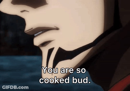 A Close Up Of A Face With The Words You Are So Cooked Bud GIF