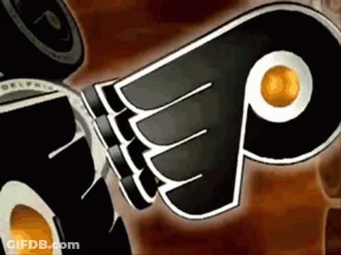 A Close Up Of A Flyers Logo With A Yellow Ball In The Middle GIF