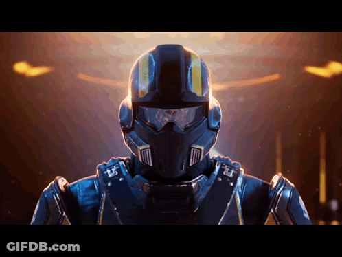 A Close Up Of A Futuristic Soldier 'S Face With A Helmet That Says ' A ' On It GIF