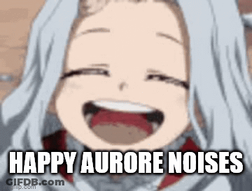 A Close Up Of A Girl Laughing With The Words `` Happy Aurore Noises '' Written On It . GIF