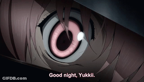 A Close Up Of A Girl 'S Eye With The Words " Good Night Yukkii " Below It GIF