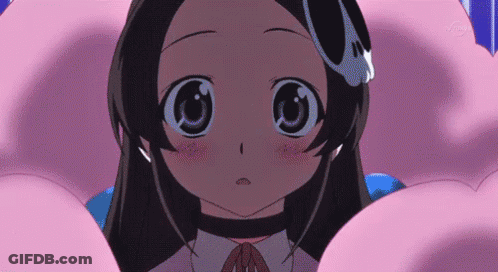 A Close Up Of A Girl 'S Face With A Pink Background That Says Tv Tokyo GIF