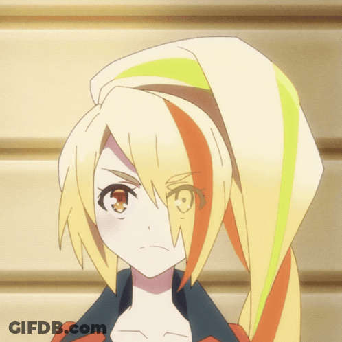 A Close Up Of A Girl 'S Face With A Yellow And Orange Ponytail GIF