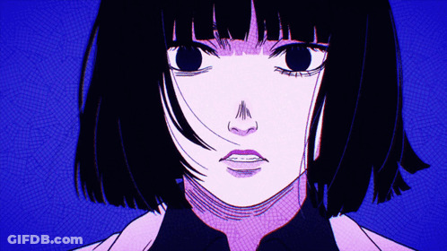 A Close Up Of A Girl 'S Face With Black Hair GIF