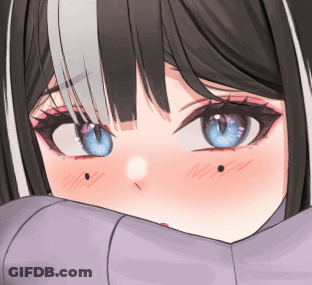A Close Up Of A Girl 'S Face With Blue Eyes And Black Hair GIF