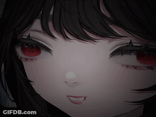 A Close Up Of A Girl 'S Face With Red Eyes And Black Hair GIF