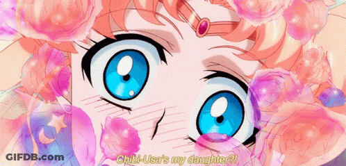 A Close Up Of A Girl 'S Face With The Words Chibi Usa 'S My Daughter Written Below It GIF