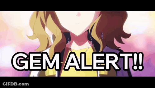 A Close Up Of A Girl 'S Face With The Words Gem Alert Written Above Her GIF