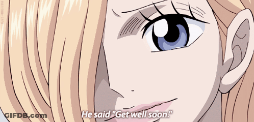 A Close Up Of A Girl 'S Face With The Words " He Said " Get Well Soon " GIF