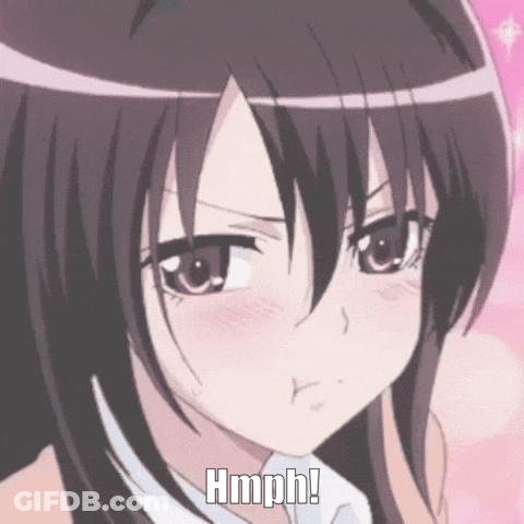 A Close Up Of A Girl 'S Face With The Words Hmph Written Below It GIF