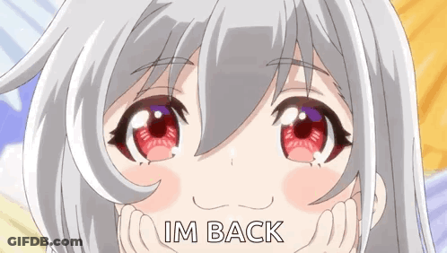 A Close Up Of A Girl 'S Face With The Words `` I 'M Back '' Written On The Bottom . GIF