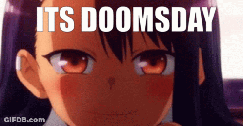 A Close Up Of A Girl 'S Face With The Words It 'S Doomsday Behind Her GIF